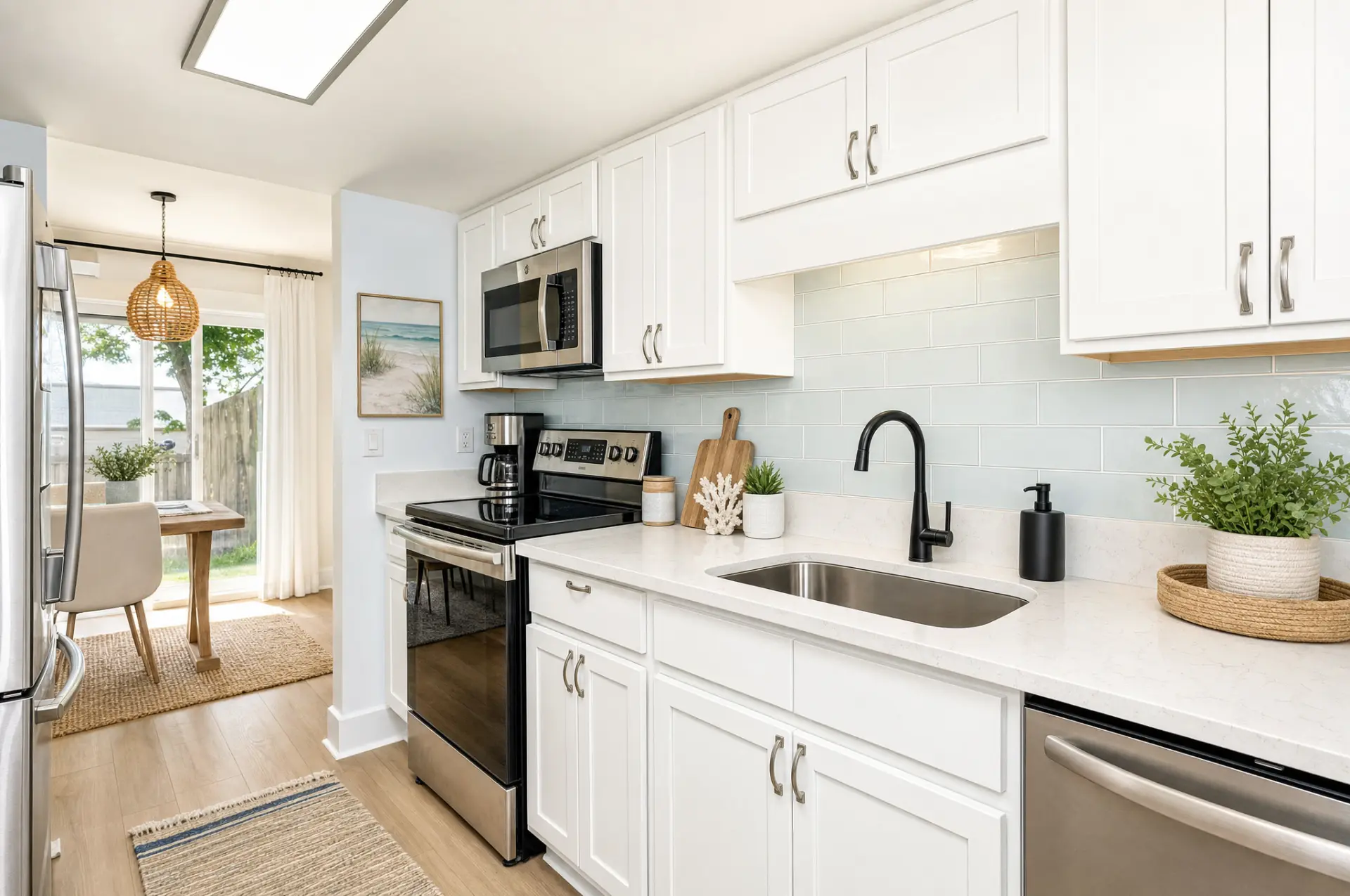 Bright white kitchen with stainless steel appliances, black fixtures, and coastal details