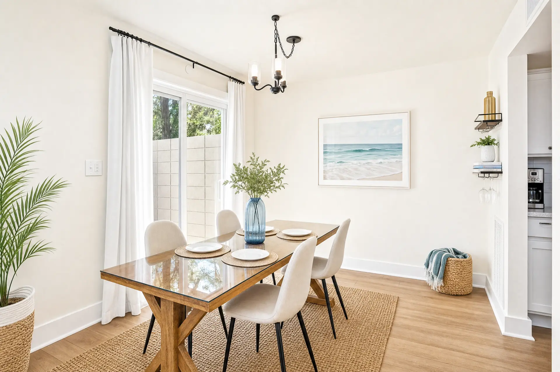 Sunlit dining room with seating for six, coastal artwork, and warm wood floors