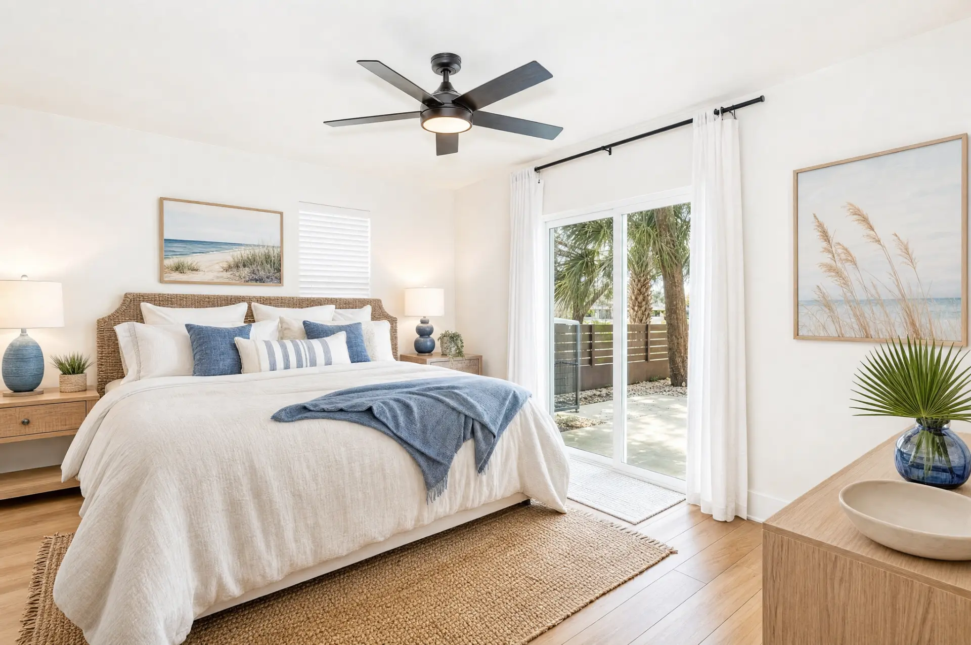 Bright coastal bedroom with a woven headboard, blue accents, and patio doors